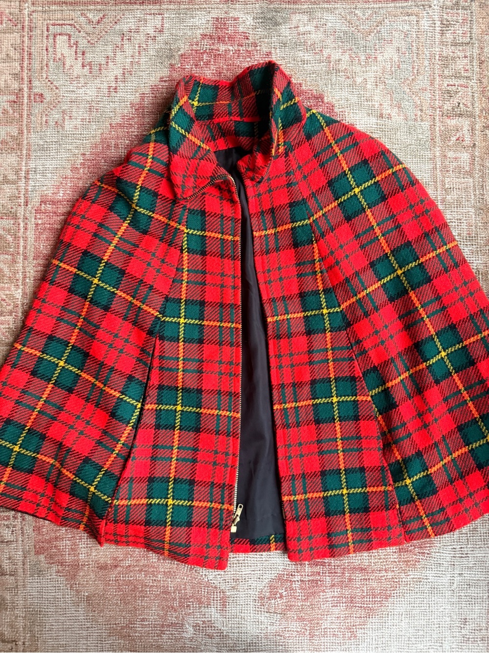 Vintage Red Tartan Plaid Zip-Front Cape Coat